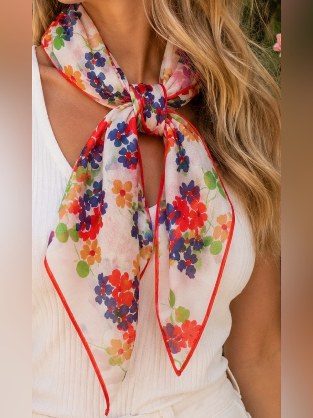 Vintage Floral Chiffon Scarf – Colorful Retro Bouquet | Red Border 13x42 |
